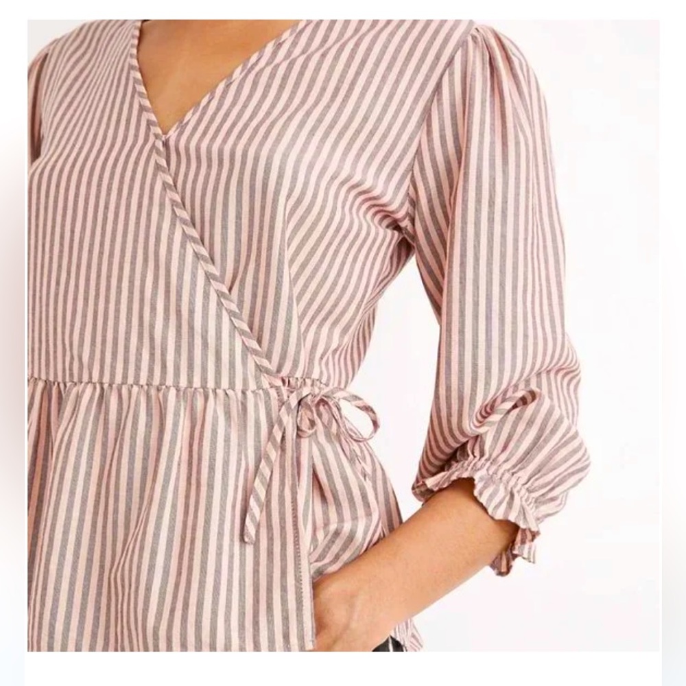 Madewell Puff sleeve Peplum Wrap Stripped Blouse
